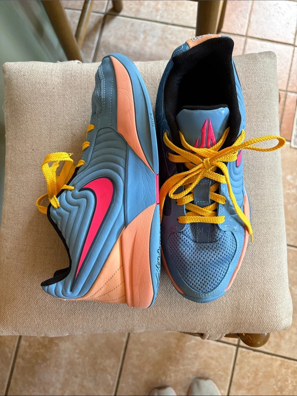 Nike Ja 2 basketball shoes Blue with Pink Swoosh and Yellow Laces